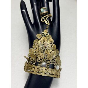 Brass Statement Bracelet Ring Combo Natural Stone Artisan Boho Unique